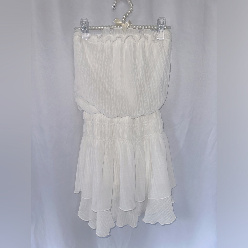 Glam White Strapless Ruffle Mini Dress size small - Picture 2 of 6